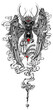 Design black and white owl with horns holding a cage, smoke around the owl. Design for a tattoo, visible bones