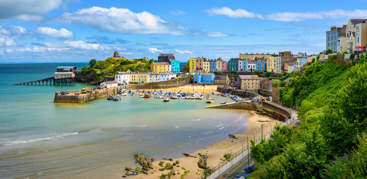 panoramic view of tenby town, wales, uk