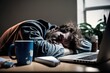 Exhausted man falls asleep on his desk. Ai generated.