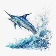 Watercolor drawing of a marlin jumping out of a foamy ocean made with Generative AI