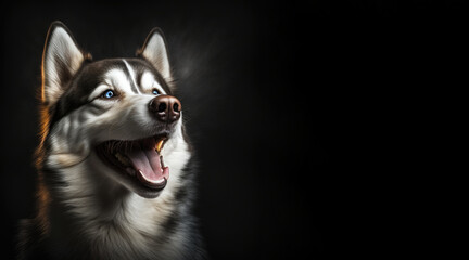Wall Mural - portrait of a happy smiling Siberian Husky, photo studio set up with key light, isolated with black background and copy space - generative ai