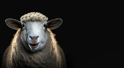 Wall Mural - portrait of a happy white sheep, photo studio set up with key light, isolated with black background and copy space - generative ai