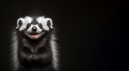 Wall Mural - portrait of a happy smiling skunk, photo studio set up with key light, isolated with black background and copy space - generative ai	