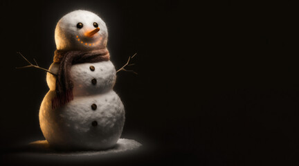 Wall Mural - portrait of a happy smiling snowman, photo studio set up with key light, isolated with black background and copy space - generative ai	