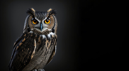 Wall Mural - portrait of a happy smiling owl, photo studio set up with key light, isolated with black background and copy space - generative ai