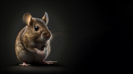Wall Mural - portrait of a happy mouse, photo studio set up with key light, isolated with black background and copy space - generative ai