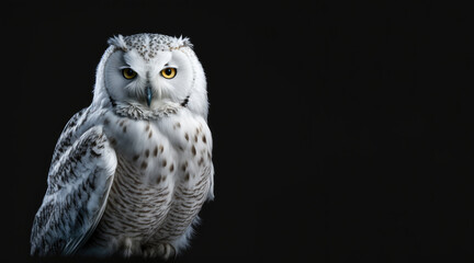 Wall Mural - portrait of a polar owl, photo studio set up with key light, isolated with black background and copy space - generative ai