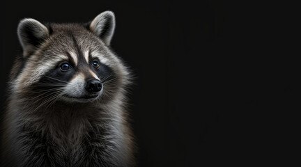 Wall Mural - portrait of a raccoon, photo studio set up with key light, isolated with black background and copy space - generative ai