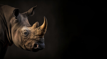 Wall Mural - portrait of a rhino, photo studio set up with key light, isolated with black background and copy space - generative ai