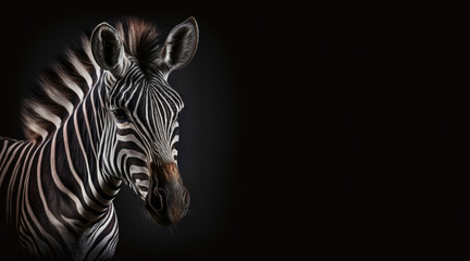 Wall Mural - portrait of a zebra, photo studio set up with key light, isolated with black background and copy space - generative ai