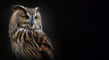 Wall Mural - portrait of a owl, photo studio set up with key light, isolated with black background and copy space - generative ai
