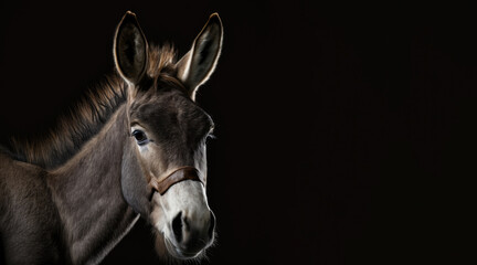 Wall Mural - portrait of a donkey, photo studio set up with key light, isolated with black background and copy space - generative ai