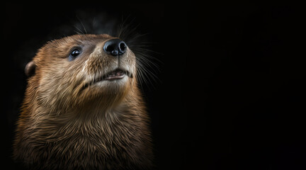 Wall Mural - portrait of a happy smiling bever, photo studio set up with key light, isolated with black background and copy space - generative ai	