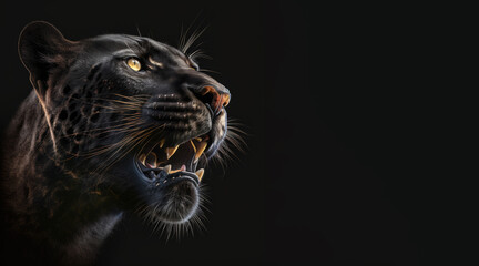 Wall Mural - portrait of a black panther smiling showing teeth, photo studio set up with key light, isolated with black background and copy space - generative ai	
