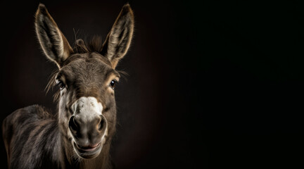 Wall Mural - portrait of a happy donkey, photo studio set up with key light, isolated with black background and copy space - generative ai