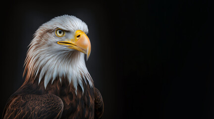 Wall Mural - portrait of a eagle, photo studio set up with key light, isolated with black background and copy space - generative ai