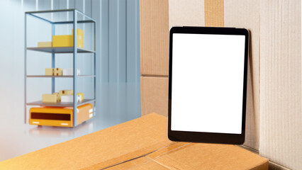 Poster - tablet mock up. warehouse racks with boxes. electronic tablet with empty white screen. amr for wareh