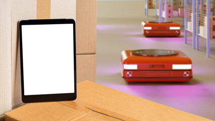 Poster - The tablet inside warehouse. Storage machines. Gadget for storekeeper. Storage machines go to racks. Tablet computer with white screen. Storage machines control app. Amr, agv, robotization. 3d image
