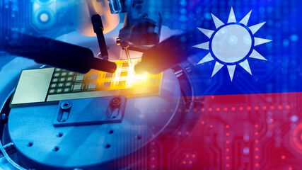 Poster - Microelectronics from Taiwan. Microchip with flag. Production of microelectronics in republic of Taiwan. Production of microchips and PCB. Production of semiconductors in Taiwan. 3d image
