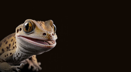 Wall Mural - portrait of a happy smiling gecko, photo studio set up with key light, isolated with black background and copy space - generative ai