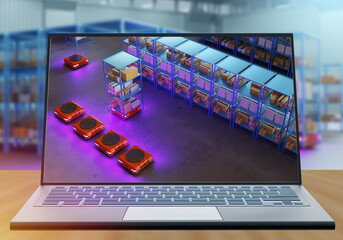 Poster - Automated warehouse. Laptop with robotic storage in screen. Observation of warehouse through computer. Autonomous warehouse with robots. Laptop for tracking robotic production. 3d image