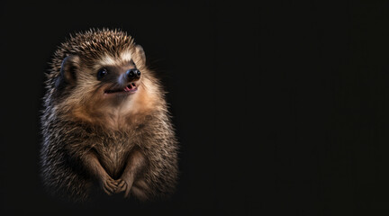 Wall Mural - portrait of a happy hedgehog, photo studio set up with key light, isolated with black background and copy space - generative ai