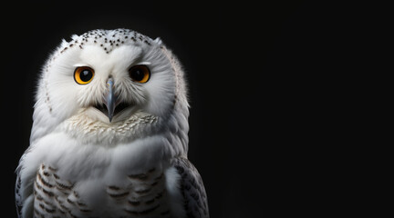 Wall Mural - portrait of a happy smiling polar owl, photo studio set up with key light, isolated with black background and copy space - generative ai