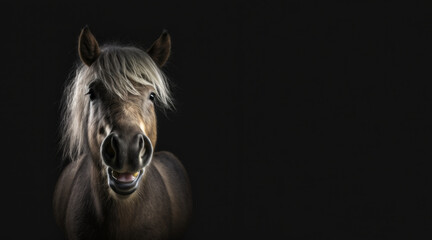Wall Mural - portrait of a happy pony, photo studio set up with key light, isolated with black background and copy space - generative AI