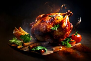 Delicious plate of chicken roasted with vegetables - Dark background - Generative AI illustration