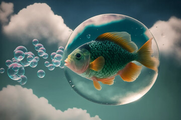 Poster - Bubble fish soaring in the sky Generative AI