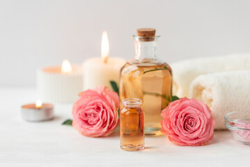 aromatherapy. concept of pure organic essential rose oil. elixir with plant based floral or herbal i
