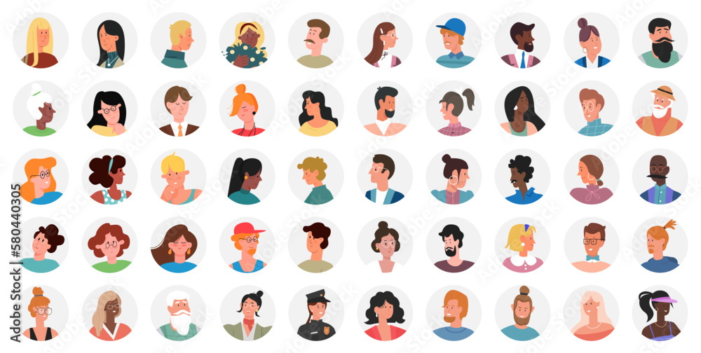Set of portraits, avatars, icons people, male female expressing emotions. Laughter joy, smile calmness. Diversity of personages, multiethnic society. Modern stylish diverse people vector illustration