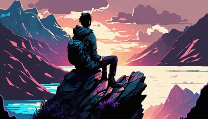 Wall Mural - young man sitting on a mountain, sunset, generative ai