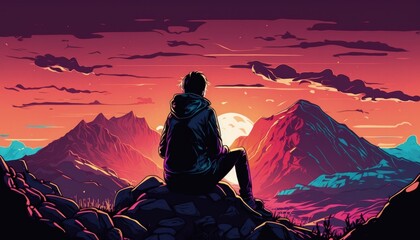 Wall Mural - young man sitting on a mountain, sunset, generative ai