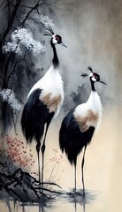 Naklejka na meble Red crowned cranes in mist, Chinese ink painting style, AI generative