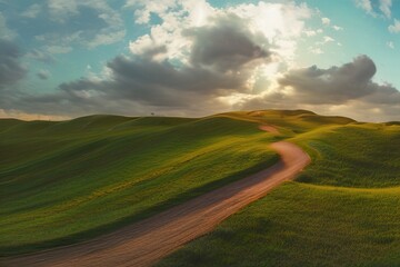 Naklejka na meble Beautiful natural spring summer landscape of meadow in a hilly area on sunset. Field with young green grass and a road