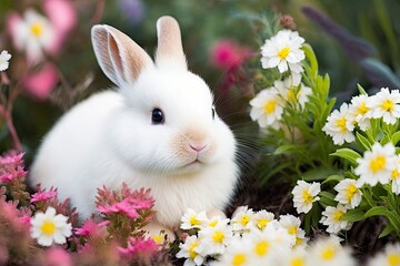 Wall Mural - Healthy Lovely Easter bunny fluffy white rabbit, new born baby rabbit on green garden nature with colorful flowers background. The white hares of Easter. Rabbit in close up. It's a sign of Easter