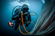 Diver underwater on inspepection of Submarine communications cable. Underwater Cables Across The Atlantic. Cable Underwater in ocean. Internet submarine cables undersea. Global network. Ai Generative