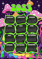 Groovy cartoon 2023 year Calendar. Creative psychedelic vector poster