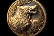 Gold coin with the image of a wolf. Neural network AI generated