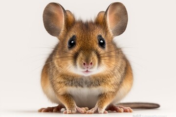 Poster - Cute Wood mouse (Apodemus sylvaticus) sitting on its back legs and looking at the camera on a white background. Generative AI