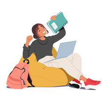 Tired Student Girl Character Sitting With Her Laptop And Books, Caught Mid-yawn. Educational Or E-learning Process