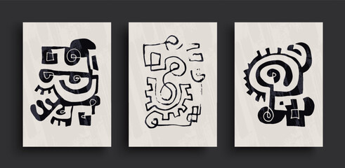 Wall Mural - collection of abstract line art contemporary poster, black and white hand drawn illustration set