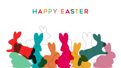 Wall Mural - Happy easter diverse rabbits silhouette in transparent colors card illustration