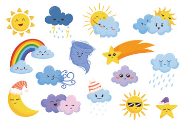 cartoon weather characters depicting various weather conditions sun, rain, snow, thunderstorm, and w