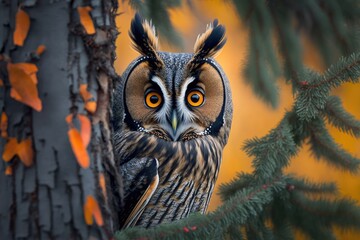 Behind the trunk of a larch tree is a portrait of a Long eared Owl with big orange eyes. This is a wild animal in Sweden. Generative AI