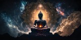 Cosmic Buddha meditating, Lotus position buddha on left with a magenta glow against a wide dark starry night