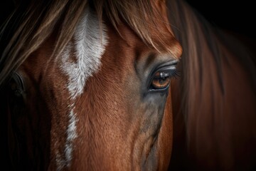 Sticker - Close up of a horse's head. The look of the horse. The close up of a beautiful horse's eye on a dark background, and an animal's nose. Traken breed . poster up on the wall. Red Pony. Generative AI