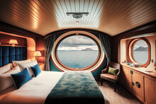An Interior Shot Of A Luxurious Cabin On A Cruise Ship, With A Plush Bed, Polished Wood Finishes, And Ocean Views Through The Window - Generative AI