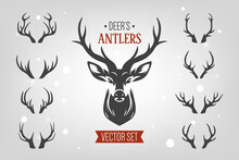 Vector Reindeer Horns, Antlers. Deer Horn Silhouettes. Hand Drawn Deers Horn, Antler Set. Animal Antler Collection. Design Elements Of Deer. Wildlife Hunters, Hipster, Christmas And New Year Concept